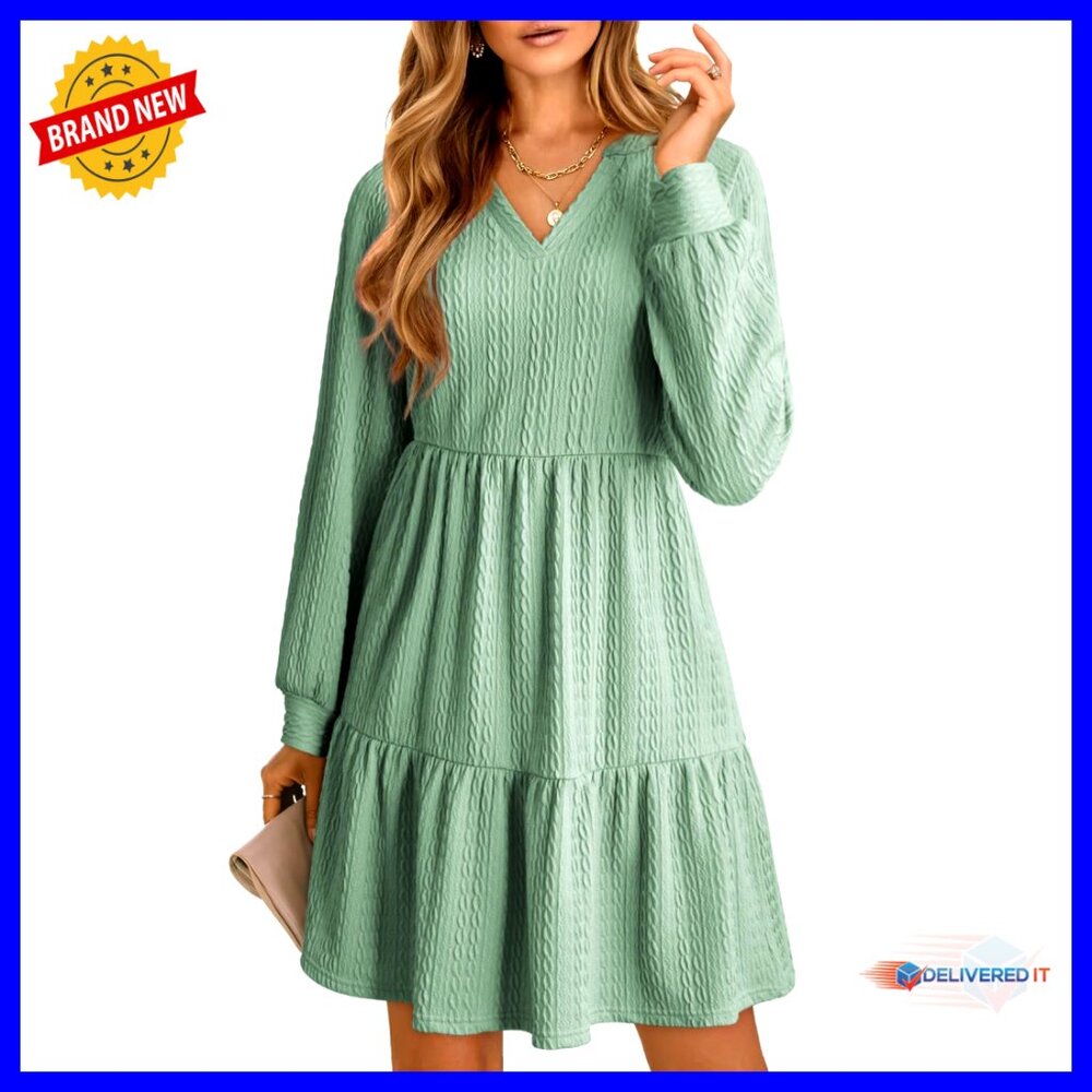 Long Sleeve V Neck Tiered Ruffle Babydoll Dress A-Line Mini Casual Chic